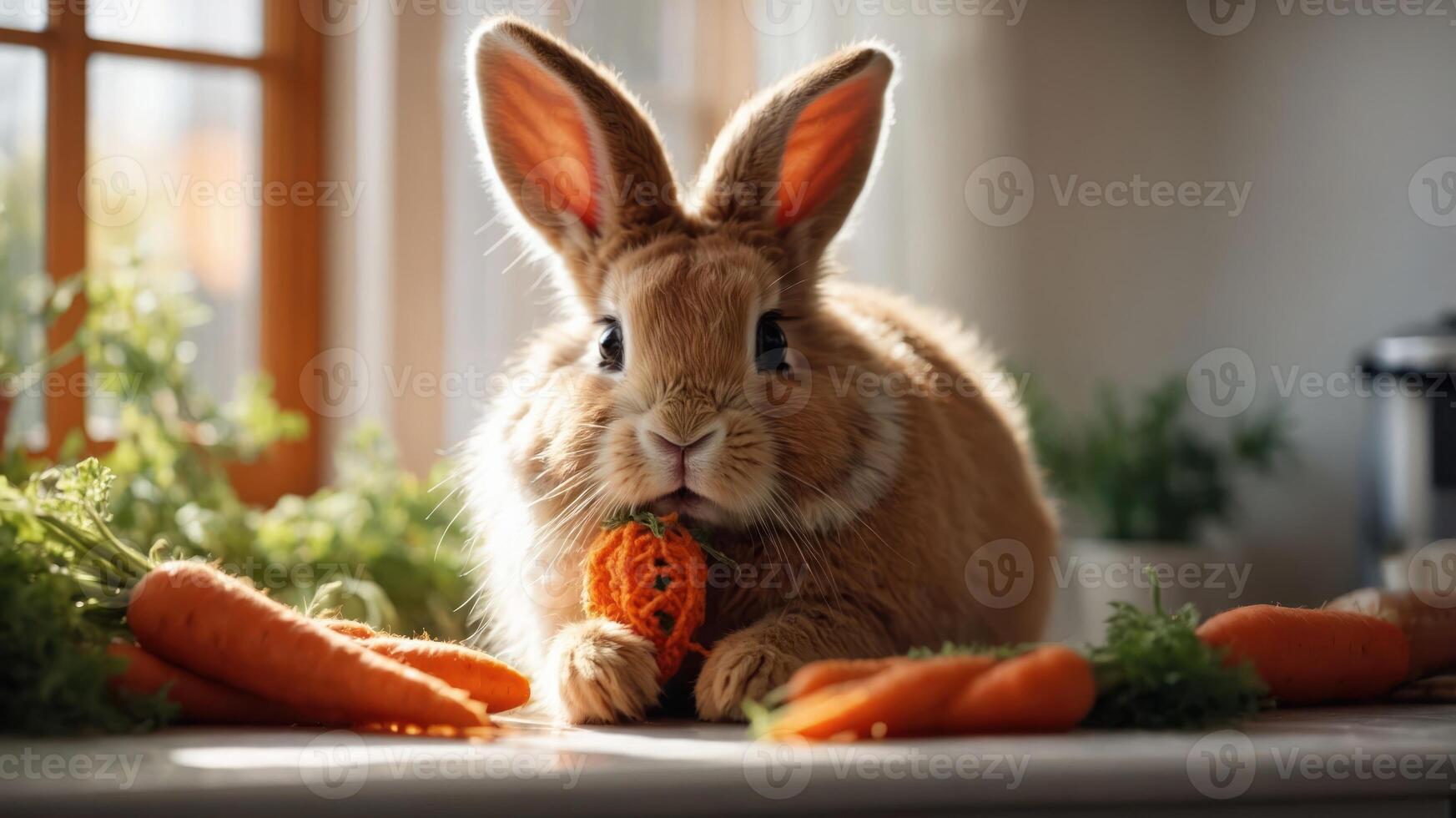 A cute rabbit sitting with carrots, showcasing a playful and vibrant scene. photo