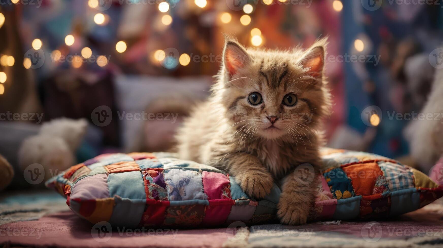 A fluffy kitten rests on a colorful pillow, surrounded by soft textures and warm lighting. photo