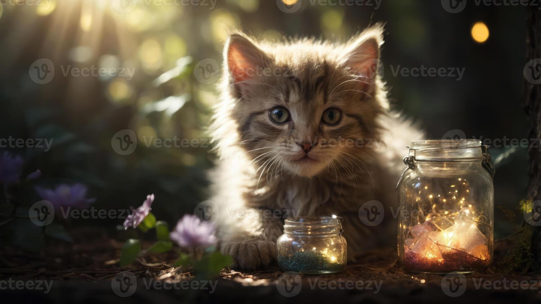 A fluffy kitten beside glowing jars in a serene, natural setting. photo