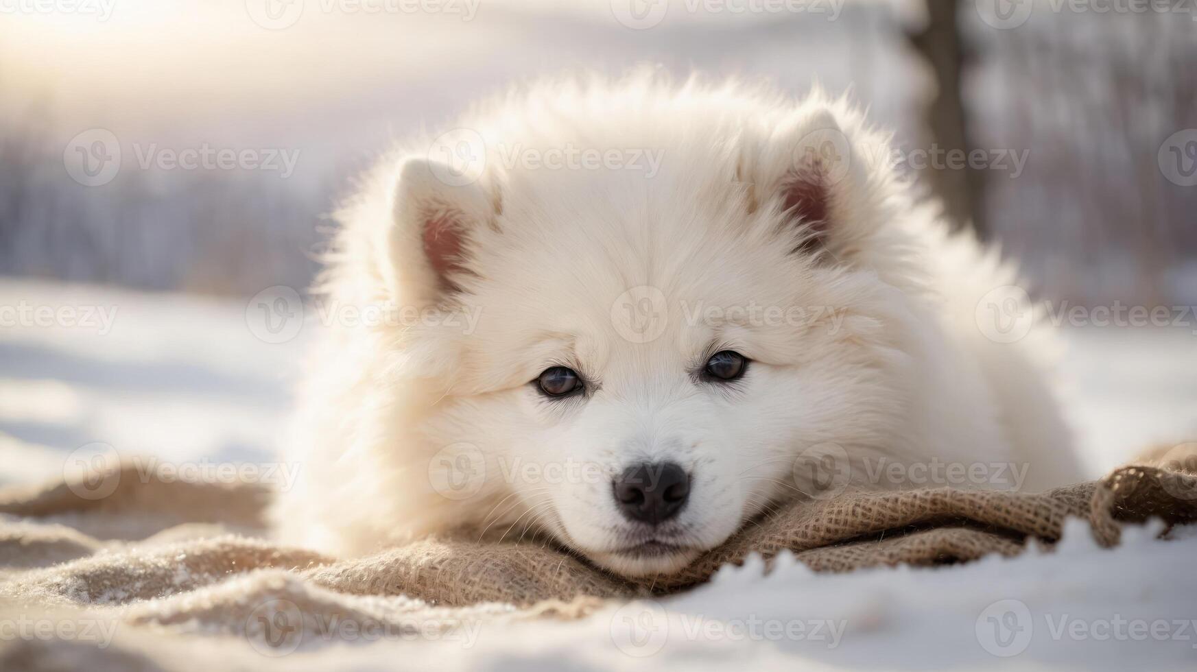 A fluffy white dog resting on a blanket in a snowy landscape. photo