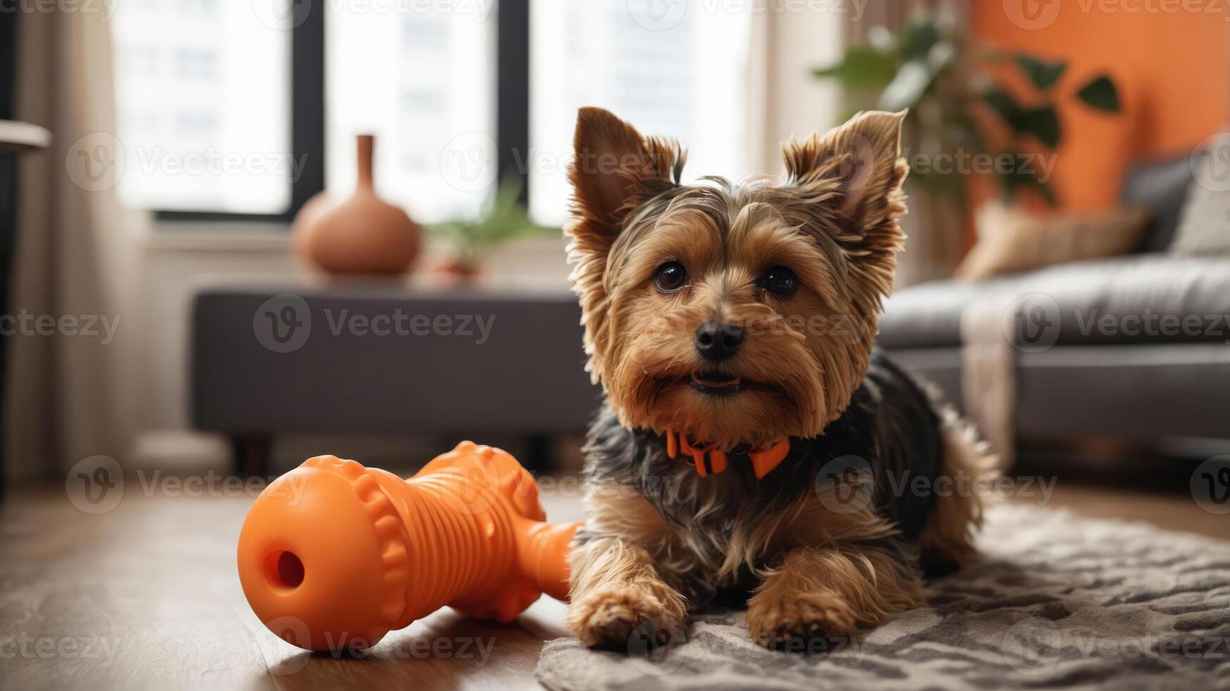 A small dog lies on a rug beside an orange toy in a cozy living room setting. photo