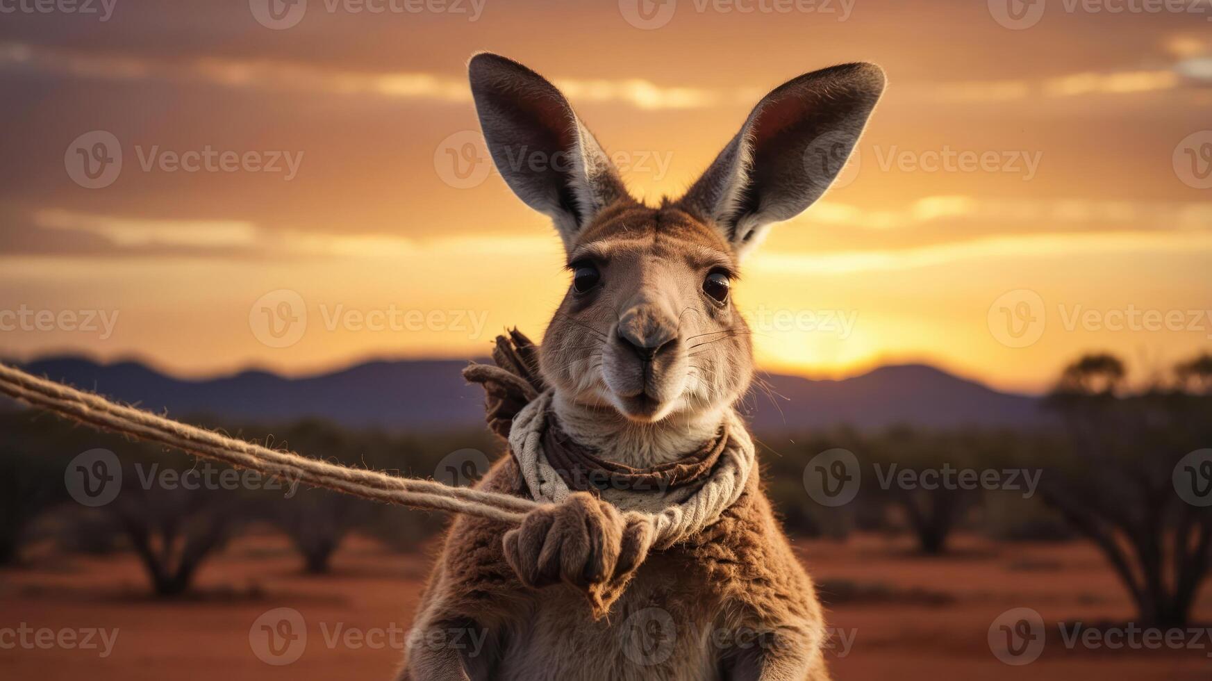 A kangaroo stands against a sunset backdrop, tied with a rope, in a serene landscape. photo