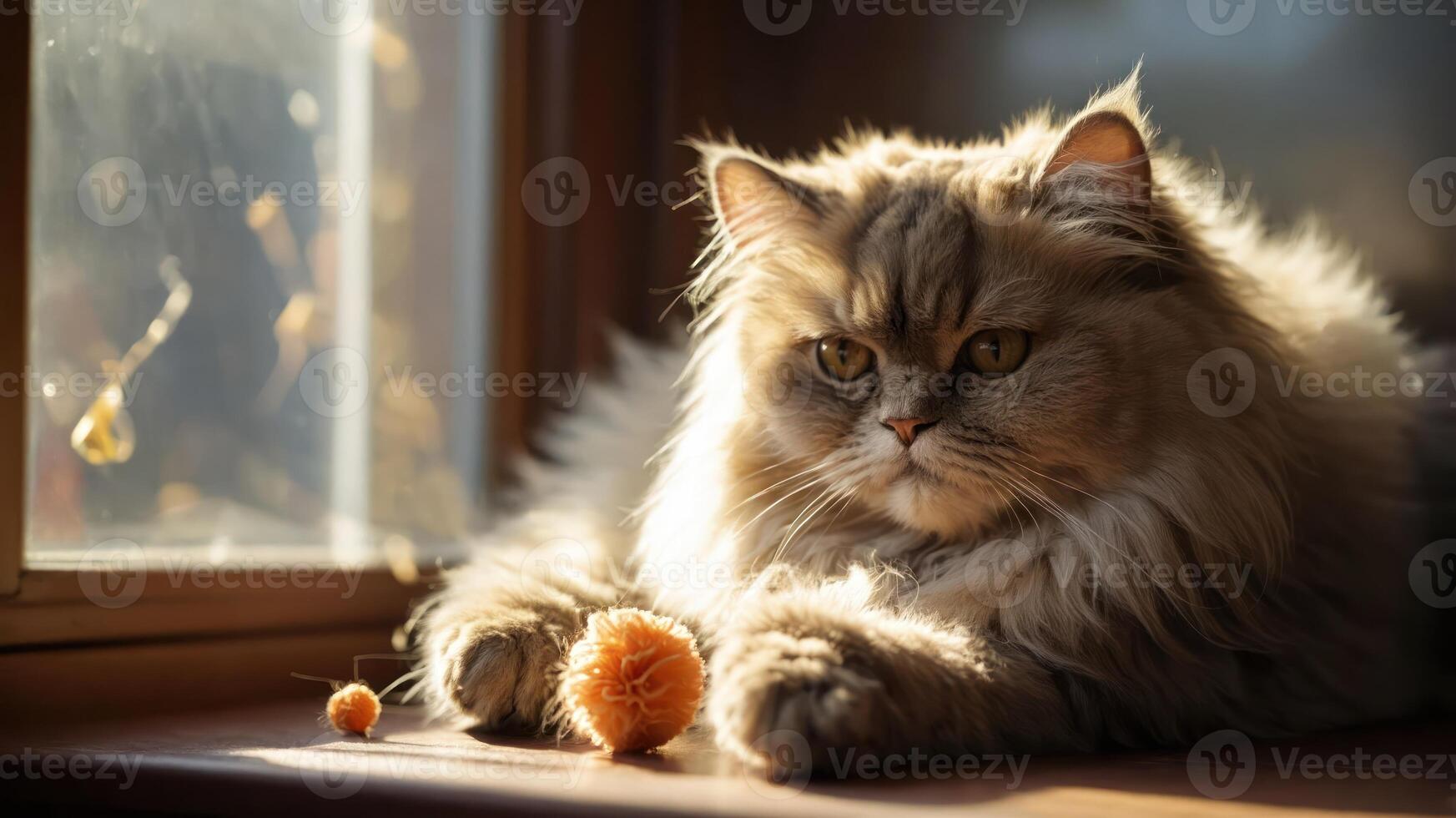 A fluffy cat resting by a sunlit window with playful pom-poms nearby. photo