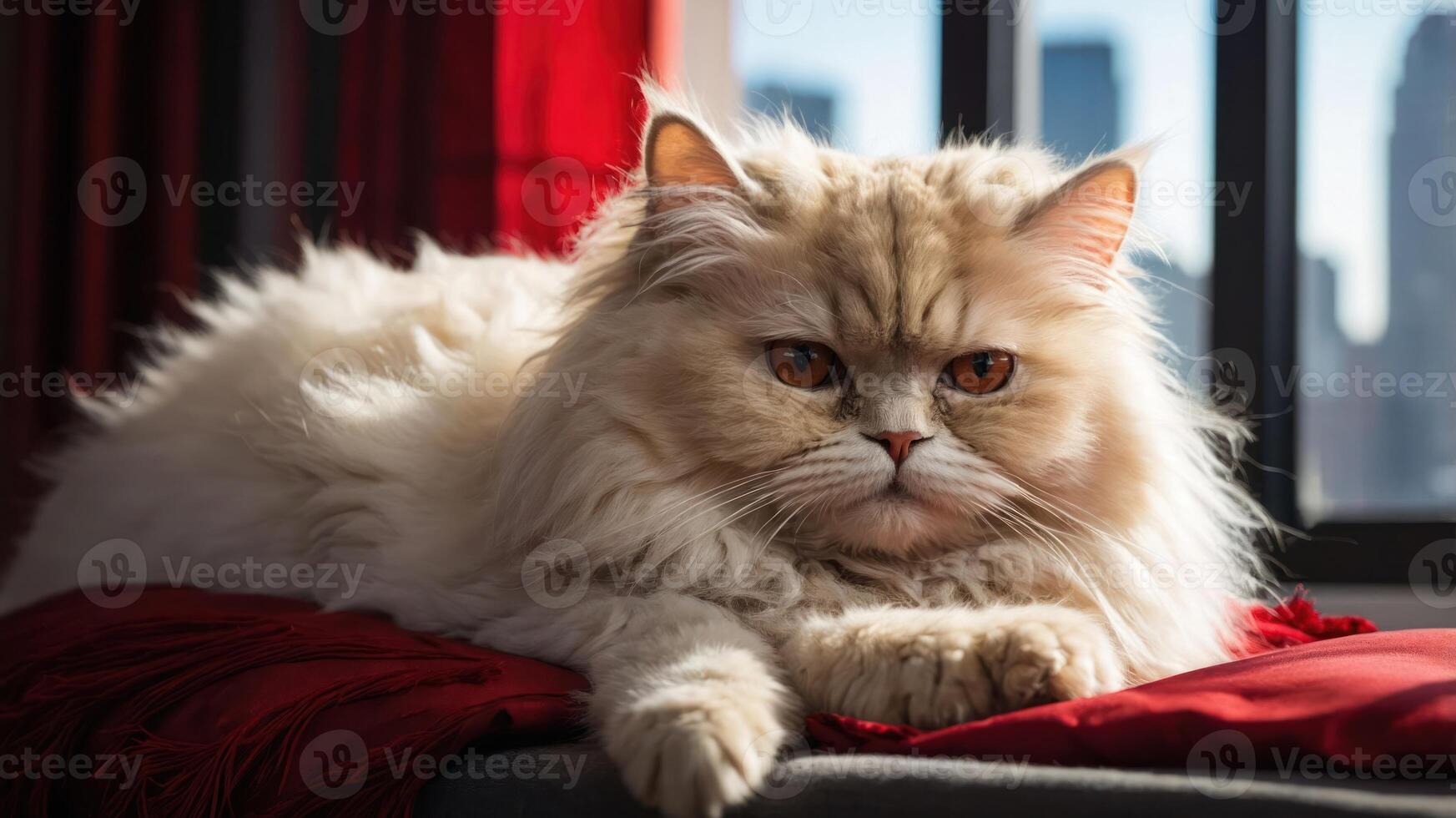 A fluffy Persian cat lounging on a red blanket near a window with a city view. photo