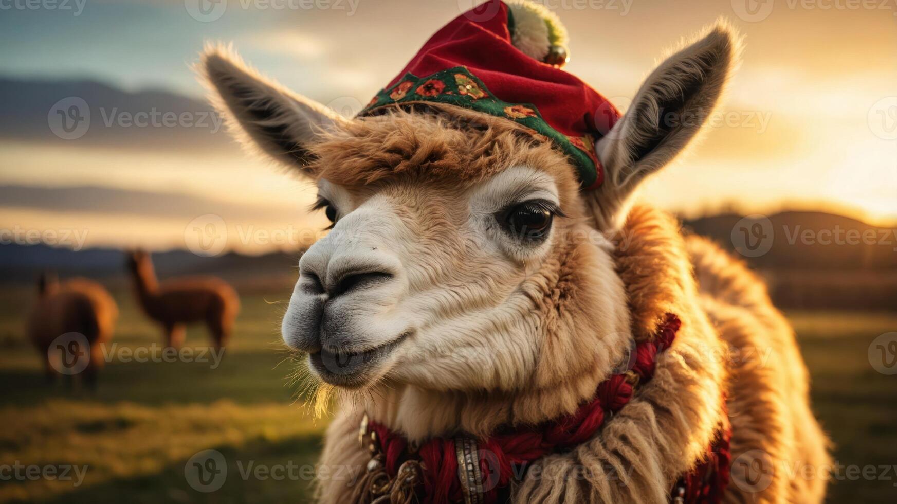 A festive llama wearing a red hat poses in a scenic field during sunset. photo