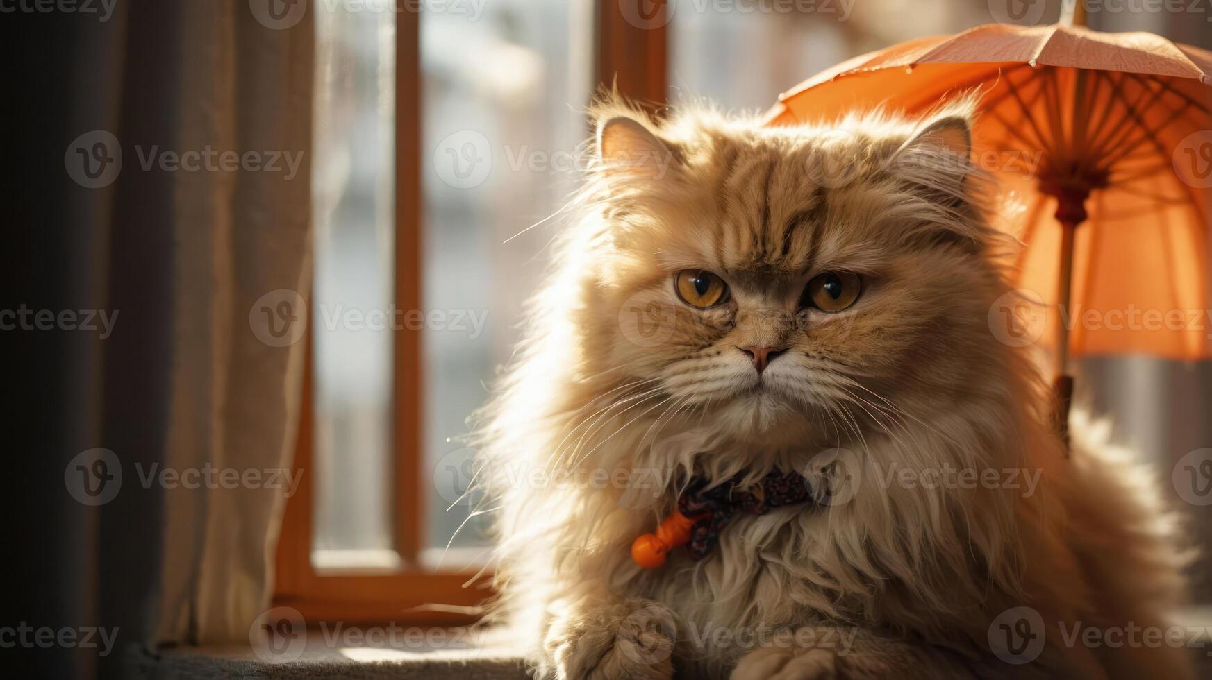 A fluffy Persian cat resting near a window with a small orange umbrella. photo