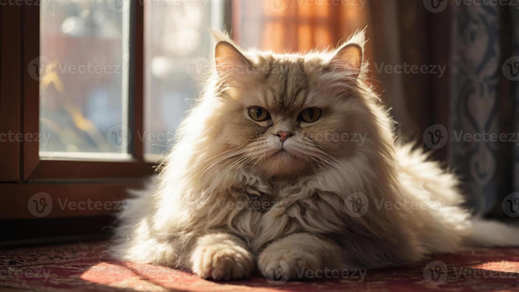 A fluffy cat lounging in sunlight by a window, exuding a calm and serene atmosphere. photo