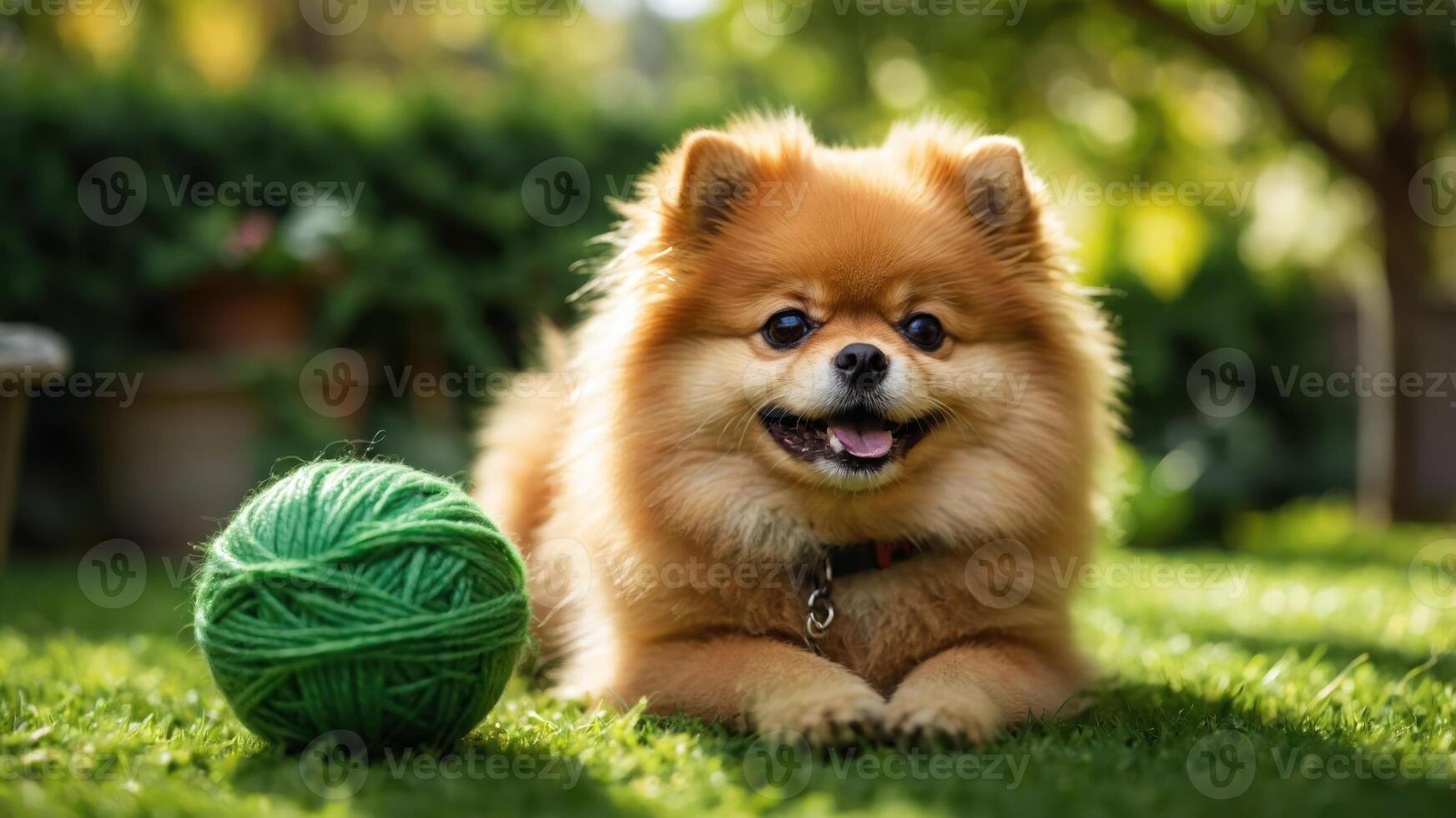 A cheerful Pomeranian dog lies on grass next to a green ball of yarn in a sunny garden. photo