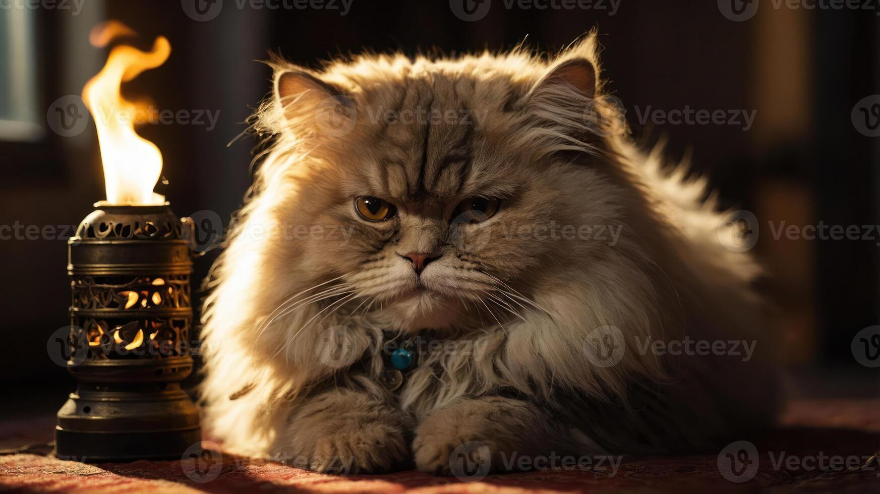 A fluffy Persian cat lounging beside a decorative lantern with a warm glow. photo