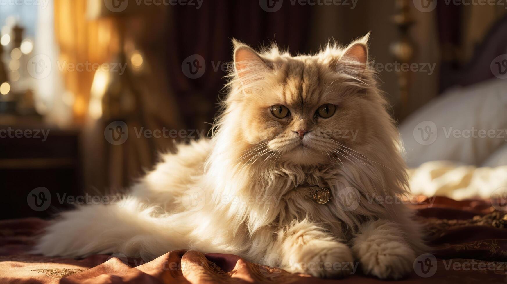 A fluffy cat lounging on a luxurious bed, illuminated by warm sunlight. photo
