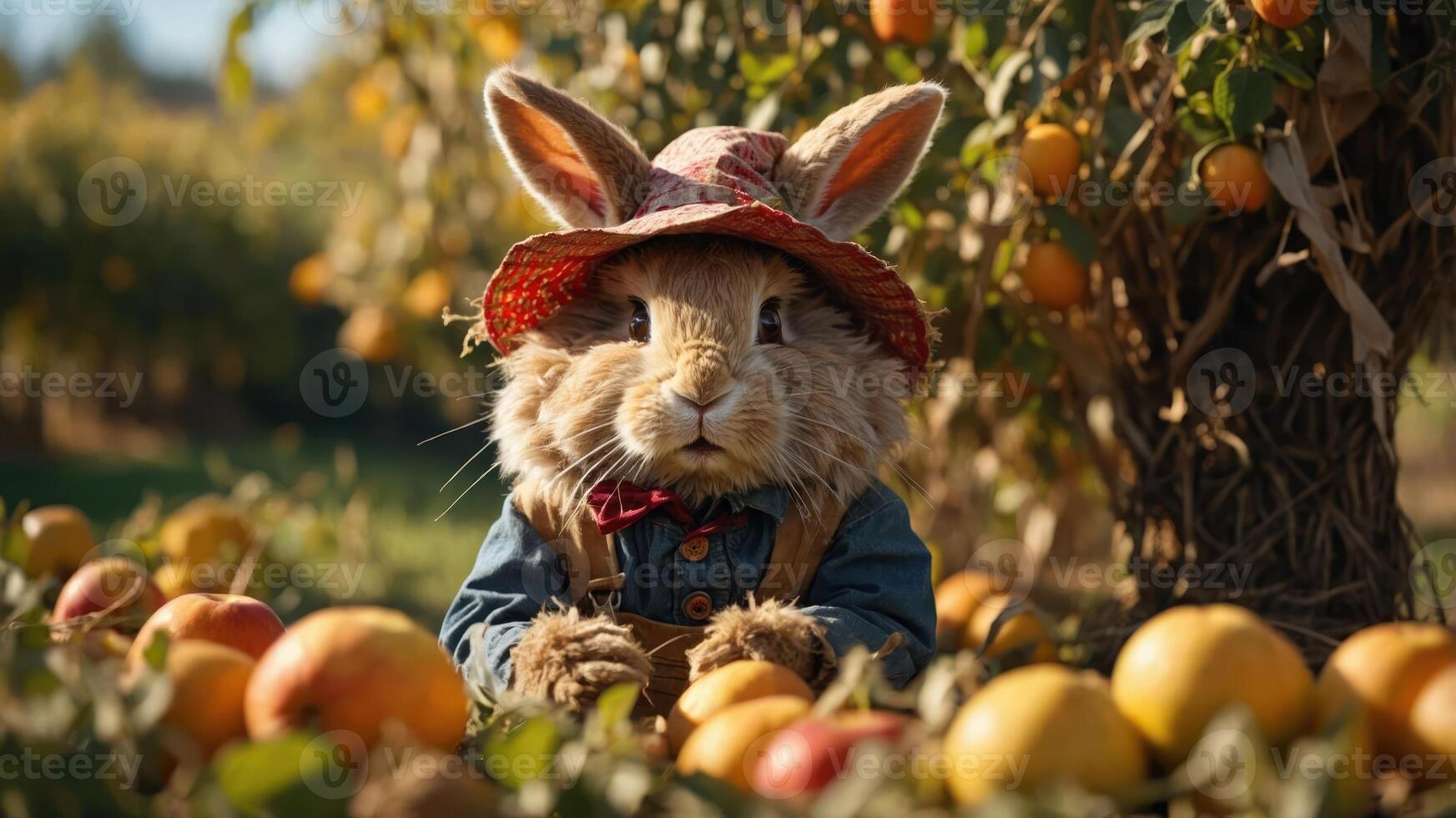 A rabbit in a straw hat sits among oranges in a sunny orchard. photo