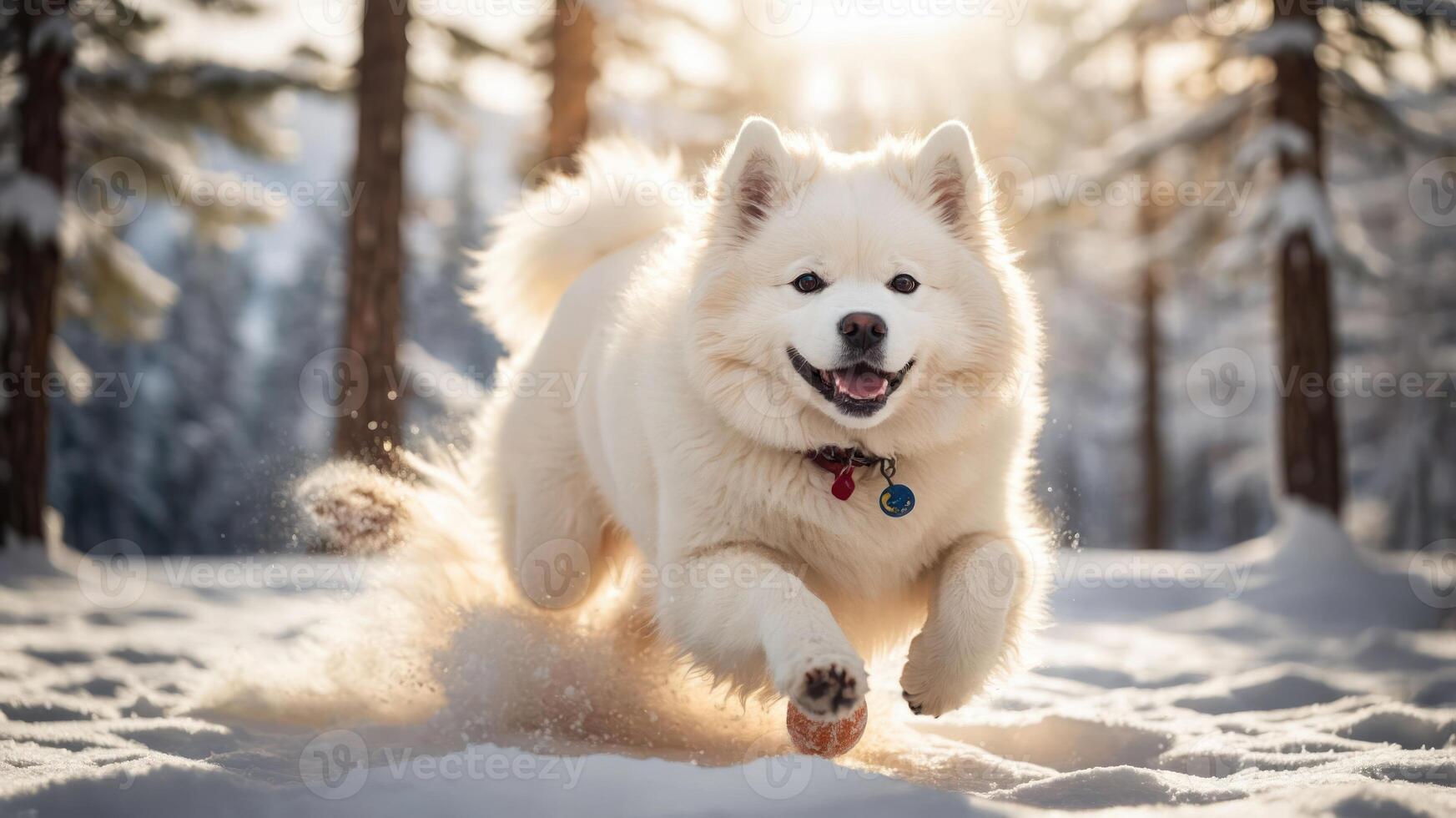 A joyful dog running through the snow in a winter landscape. photo