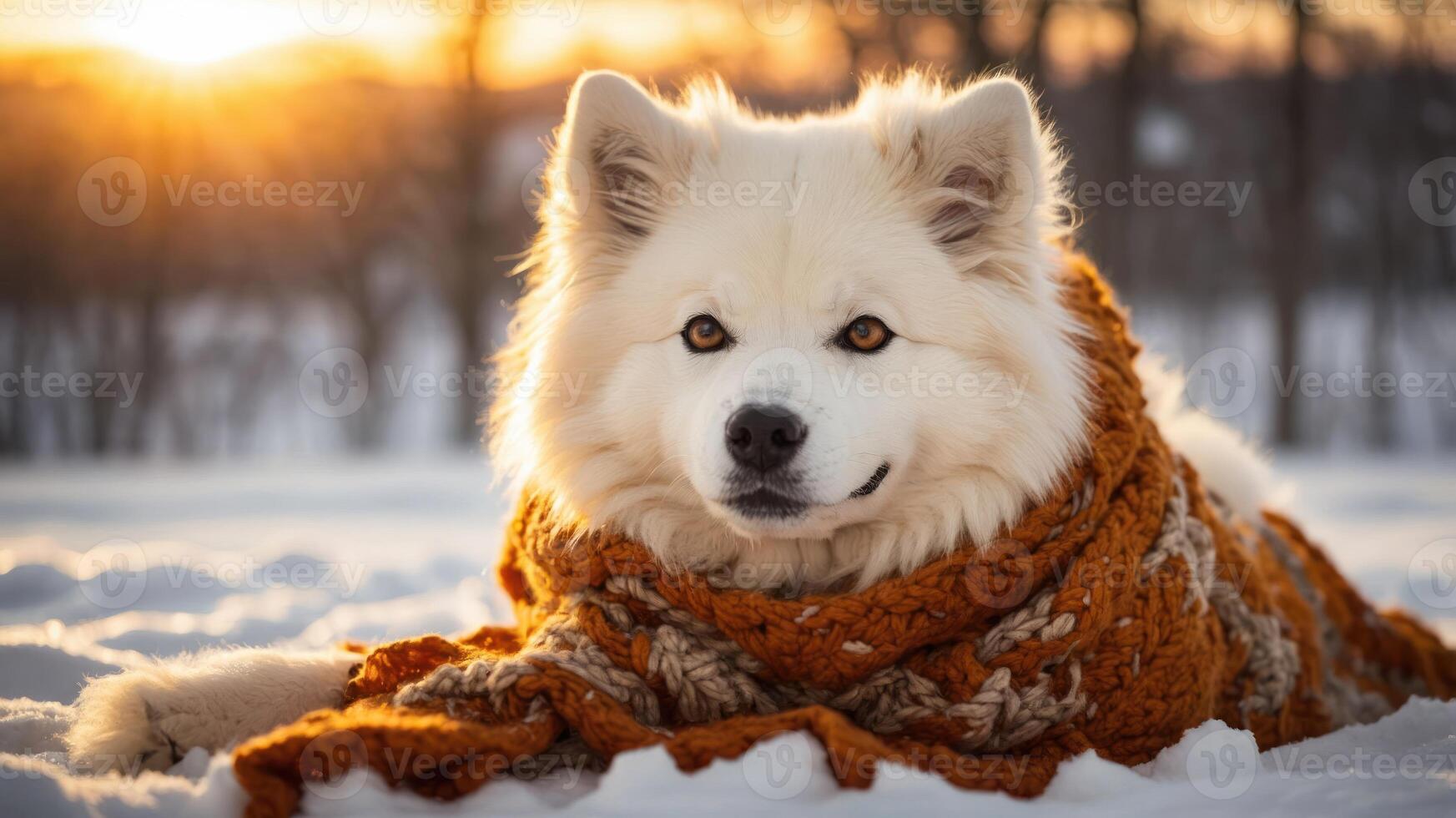 A fluffy dog wrapped in an orange blanket, resting in the snow during sunset. photo