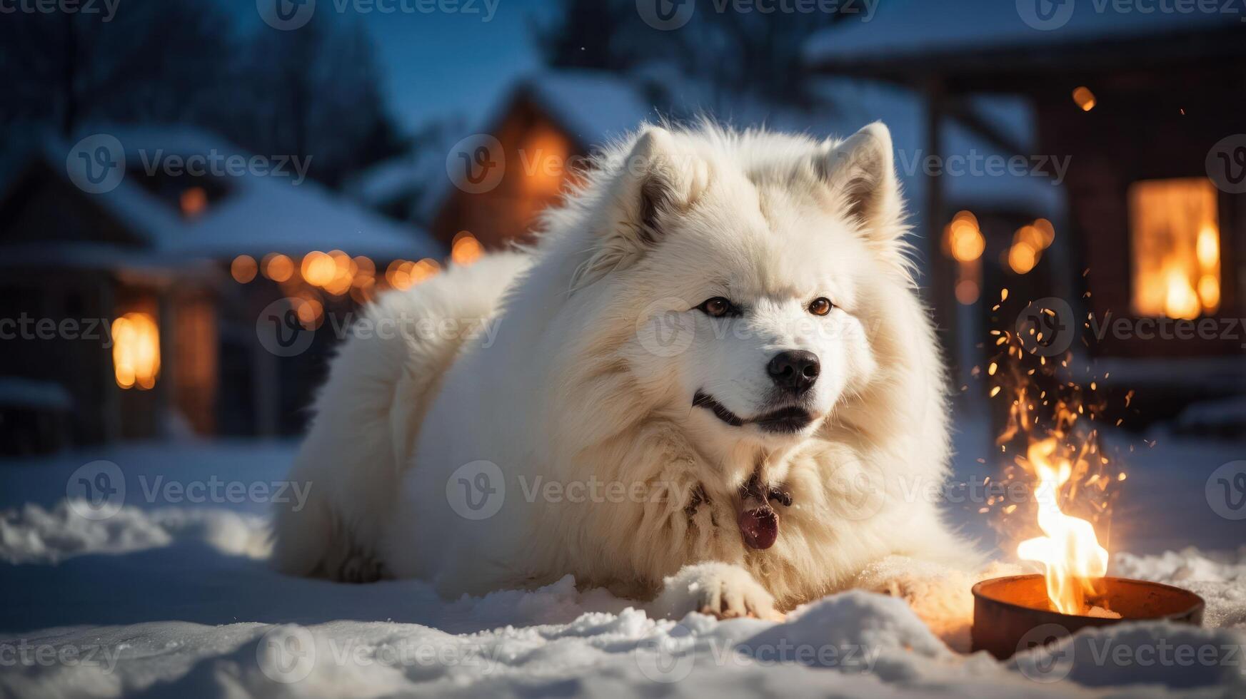 A fluffy white dog resting in the snow near a small fire. photo