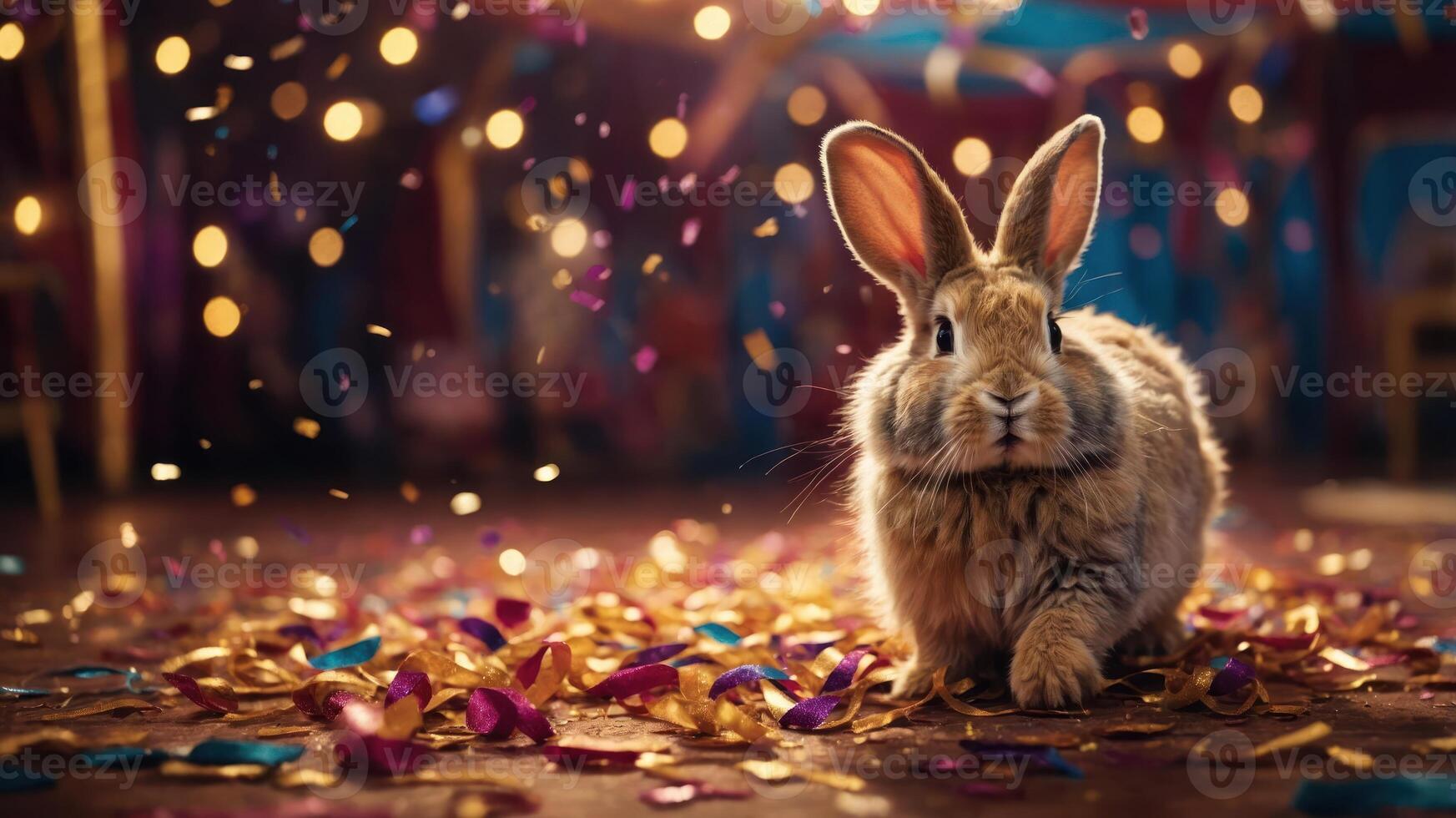 A playful rabbit amidst colorful confetti in a festive setting. photo