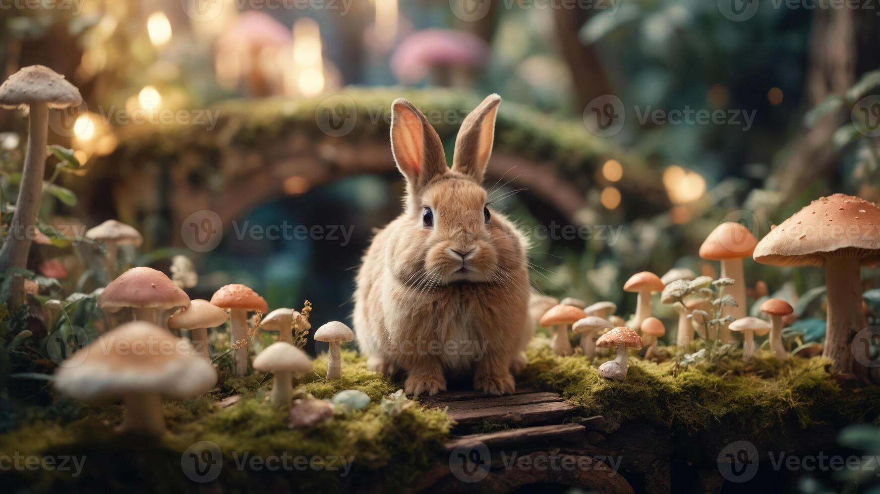 A cute rabbit sits among colorful mushrooms in a whimsical forest setting. photo