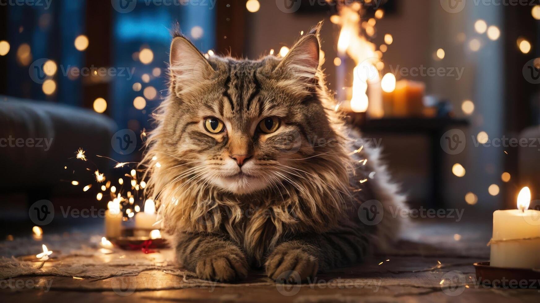 A cozy scene featuring a cat surrounded by soft lighting and candles, creating a warm atmosphere. photo