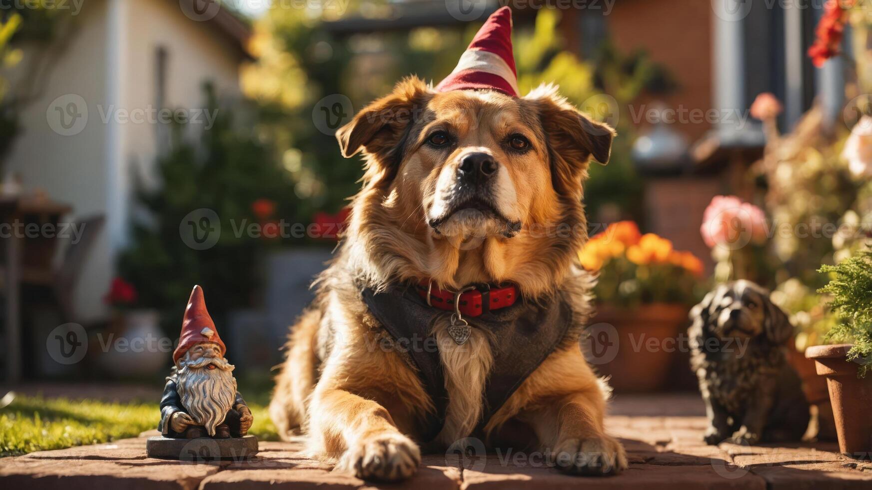 A dog wearing a party hat sits beside garden gnomes in a vibrant outdoor setting. photo