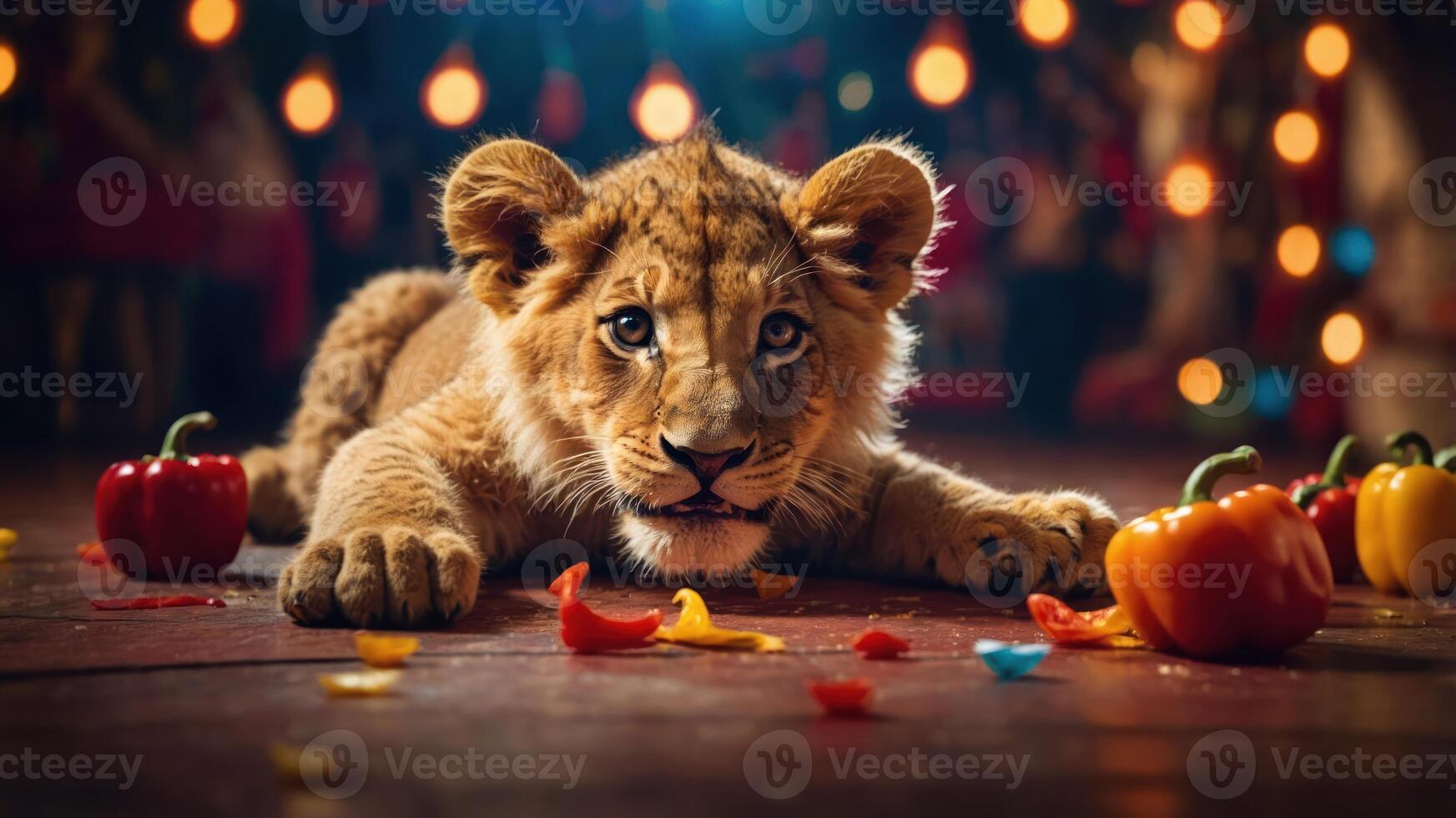 A playful lion cub surrounded by colorful peppers and flower petals in a festive setting. photo