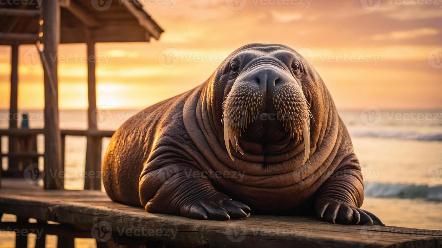A walrus resting on a dock during a colorful sunset over the ocean. photo