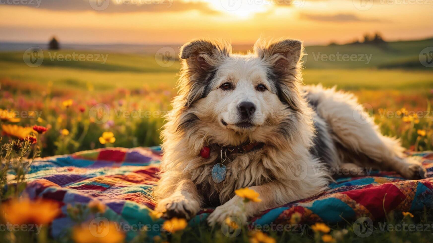 A dog relaxing on a colorful blanket in a flower-filled meadow during sunset. photo