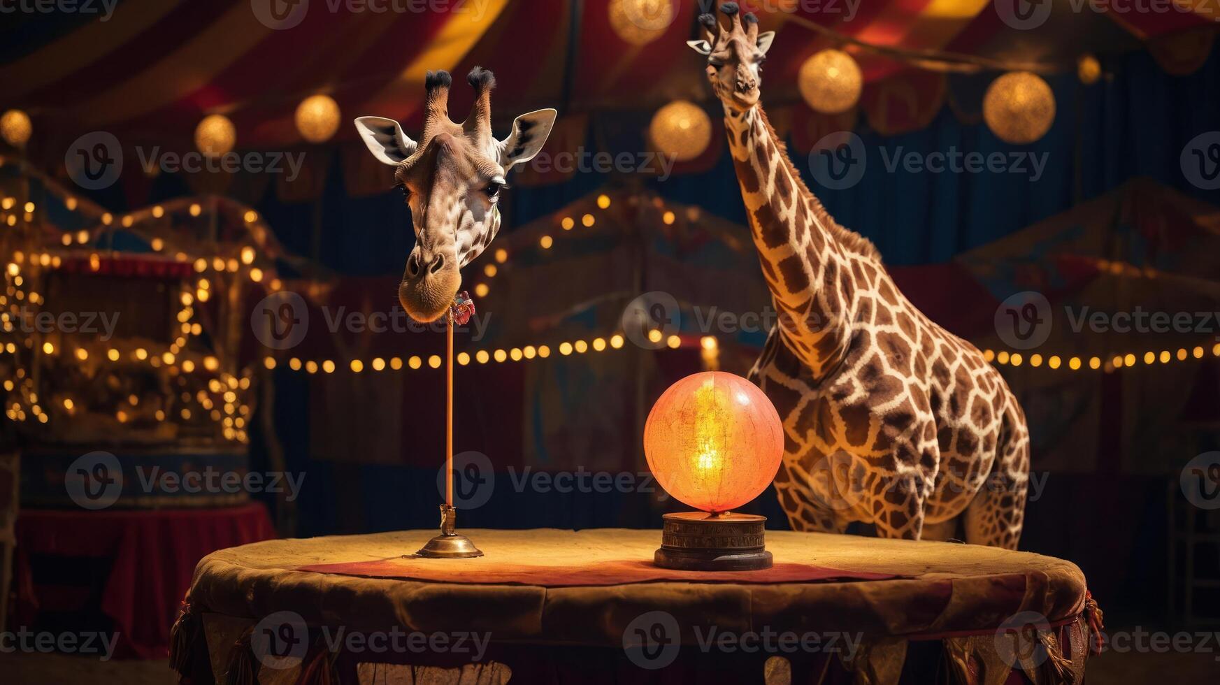 A whimsical circus scene featuring a giraffe and a decorative globe on a table. photo