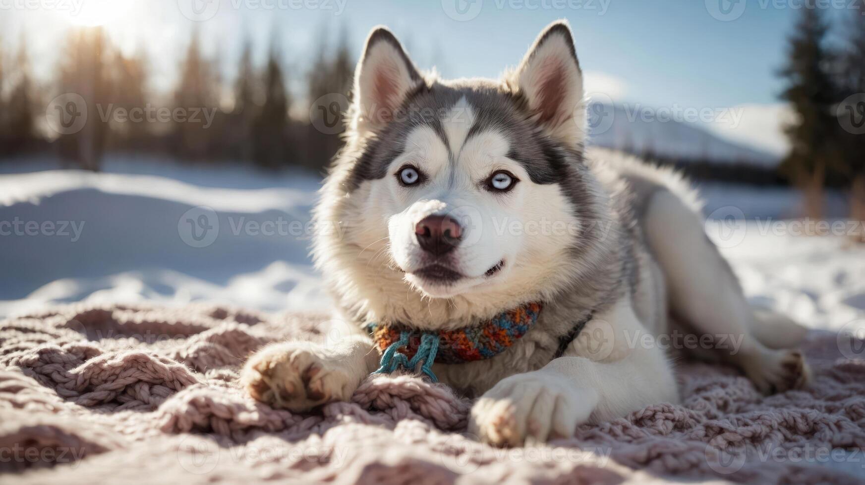 A husky dog relaxing on a blanket in a snowy landscape. photo