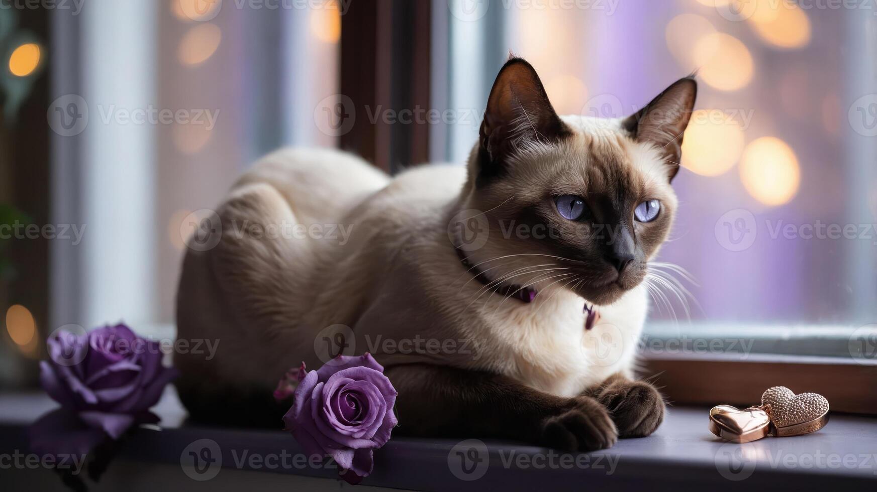 A Siamese cat lounging by a window with roses and soft bokeh lights in the background. photo