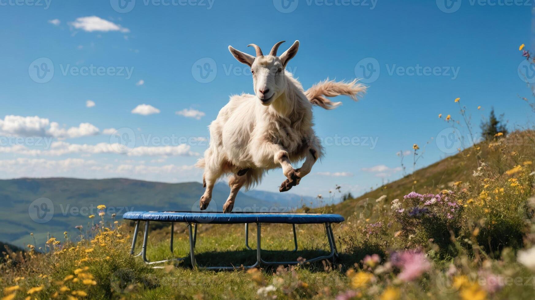 A goat joyfully jumping on a trampoline in a vibrant, flower-filled landscape. photo