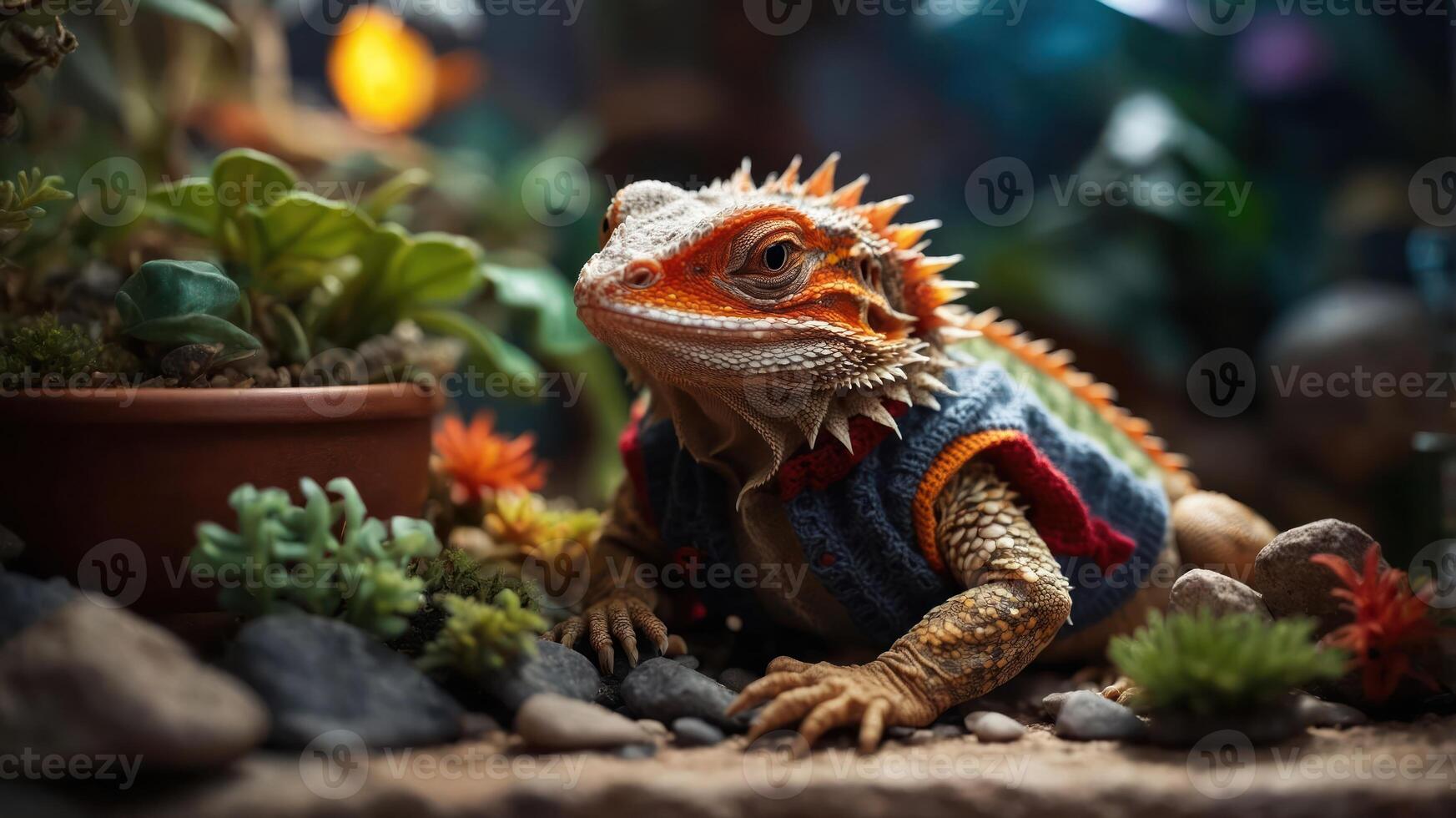 A bearded dragon in a cozy vest among plants and rocks, creating a whimsical scene. photo
