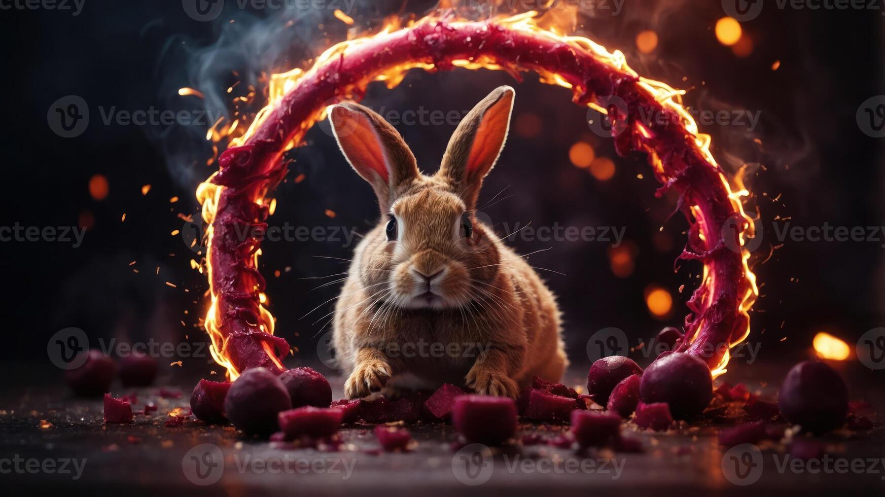 A rabbit sits in front of a flaming circular frame with scattered food around it. photo