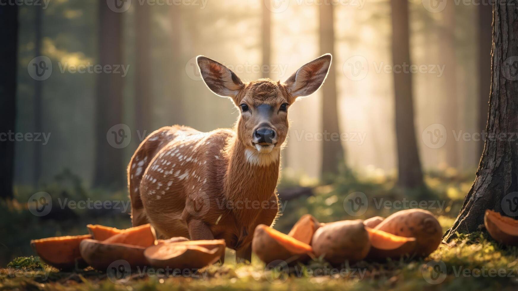 A deer stands among scattered pumpkin halves in a serene forest setting. photo