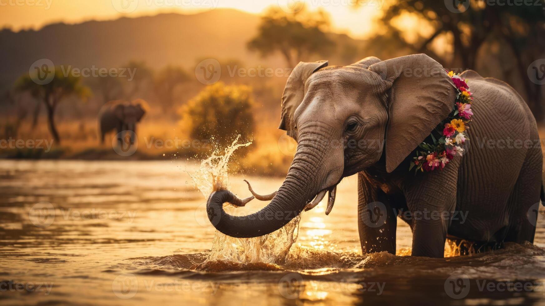 An elephant splashes water in a serene landscape at sunset, adorned with a floral garland. photo