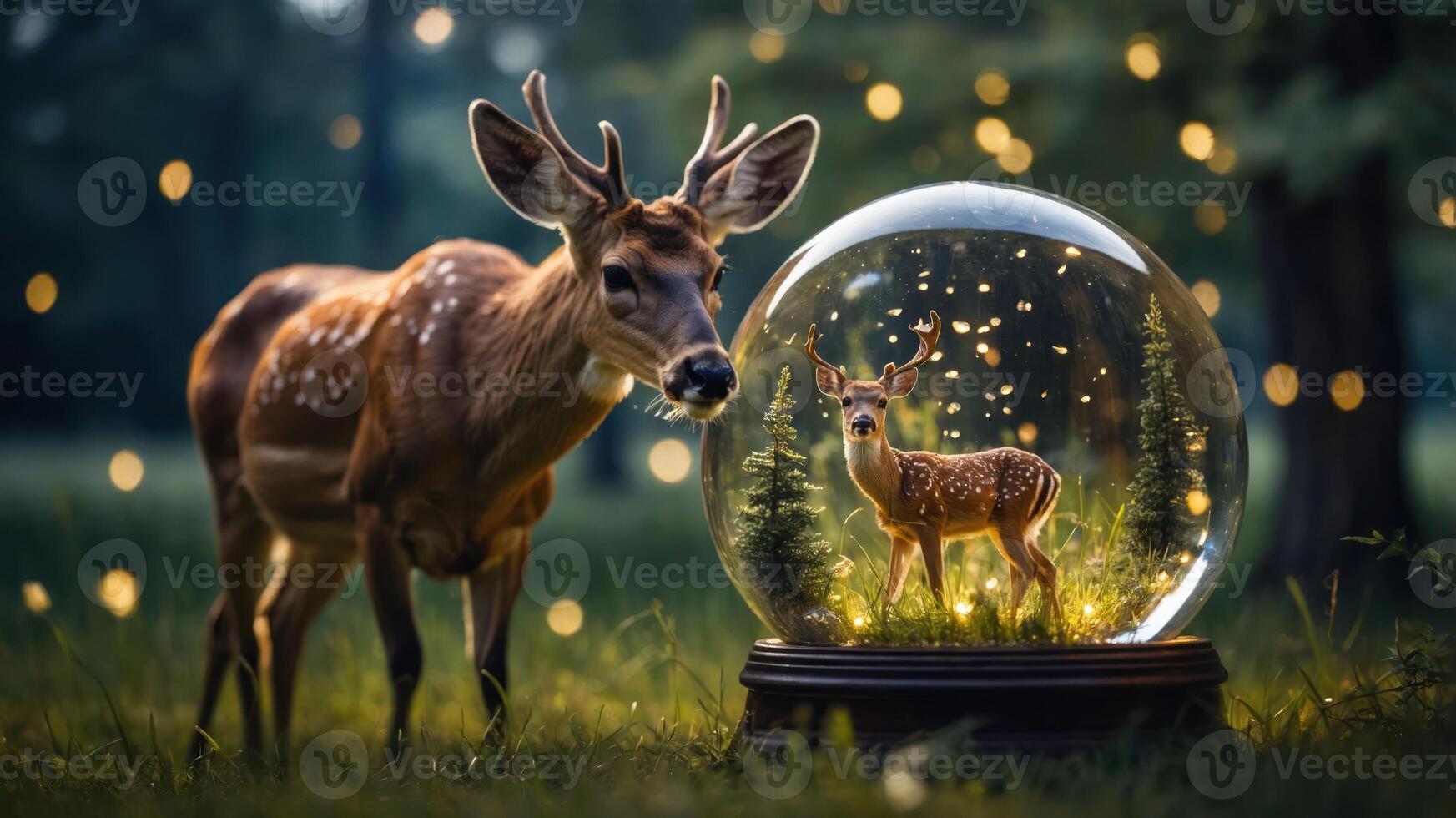 A deer stands beside a glass dome containing a fawn, surrounded by a magical forest setting. photo