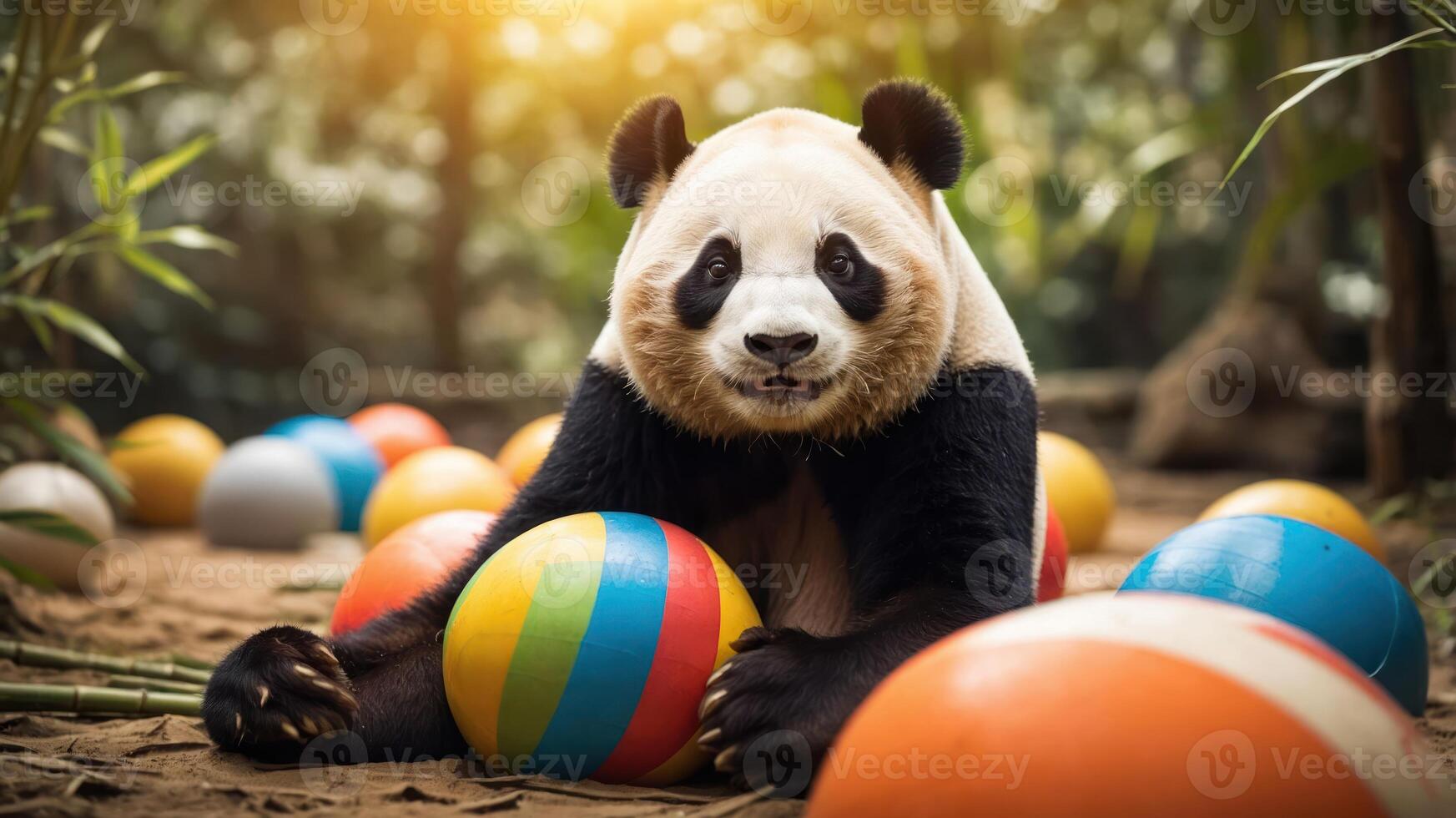 A panda resting among colorful balls in a playful setting. photo