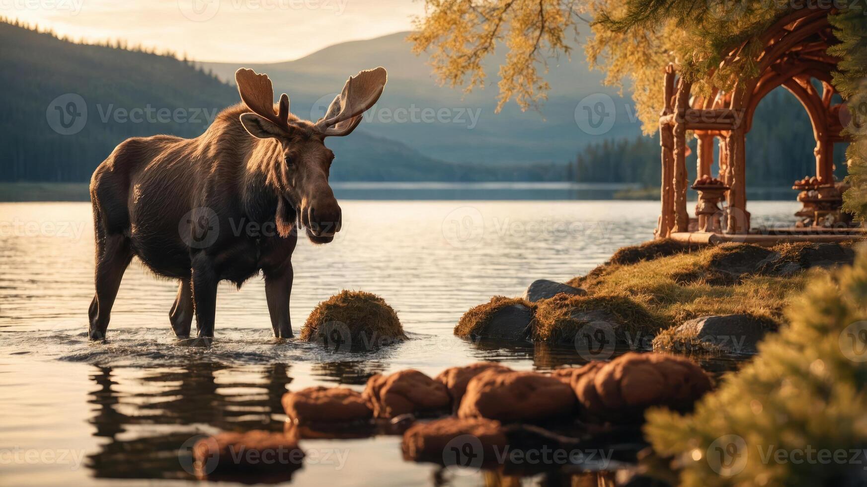 A moose wades through a serene lake at sunset, framed by mountains and a wooden structure. photo
