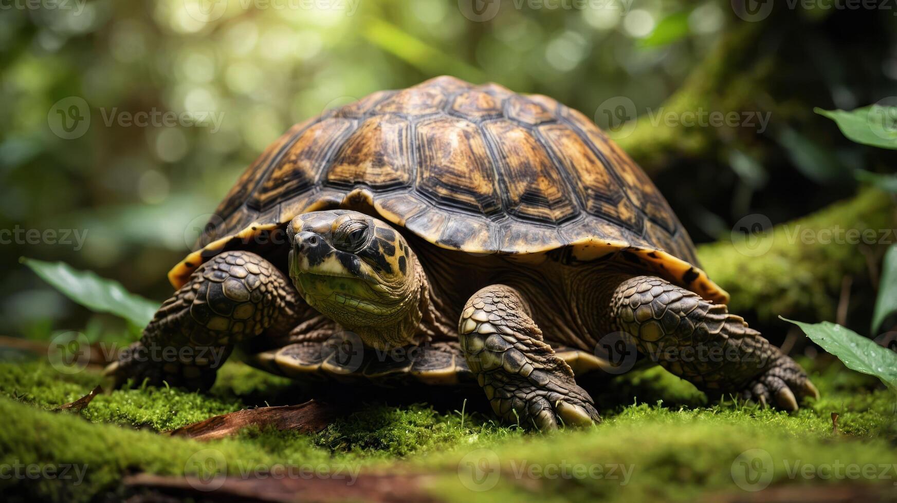 A close-up of a tortoise on moss in a lush, green environment. photo