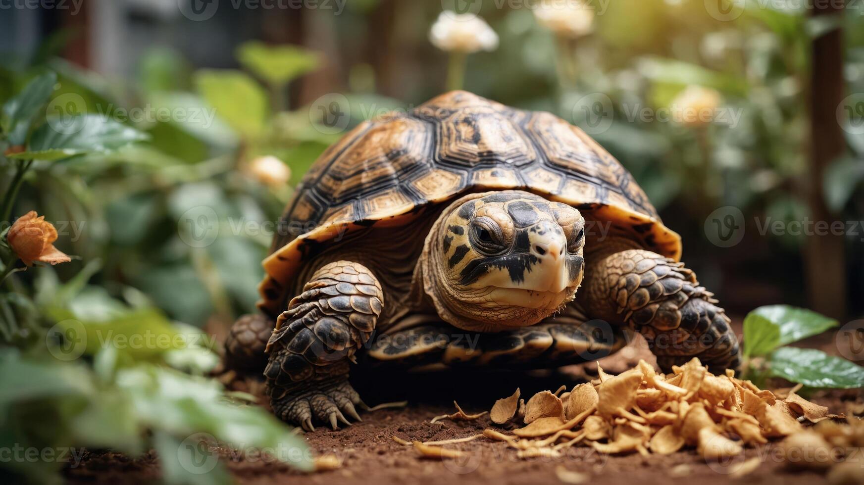 A close-up of a tortoise in a garden setting with plants and scattered food. photo
