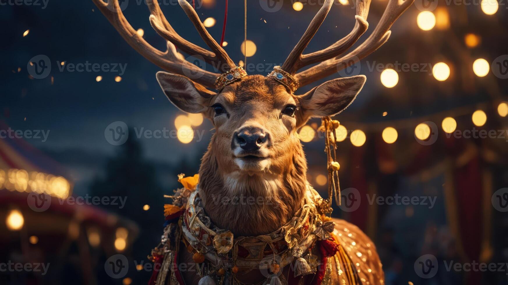 A majestic decorated deer stands amidst a festive atmosphere with glowing lights. photo
