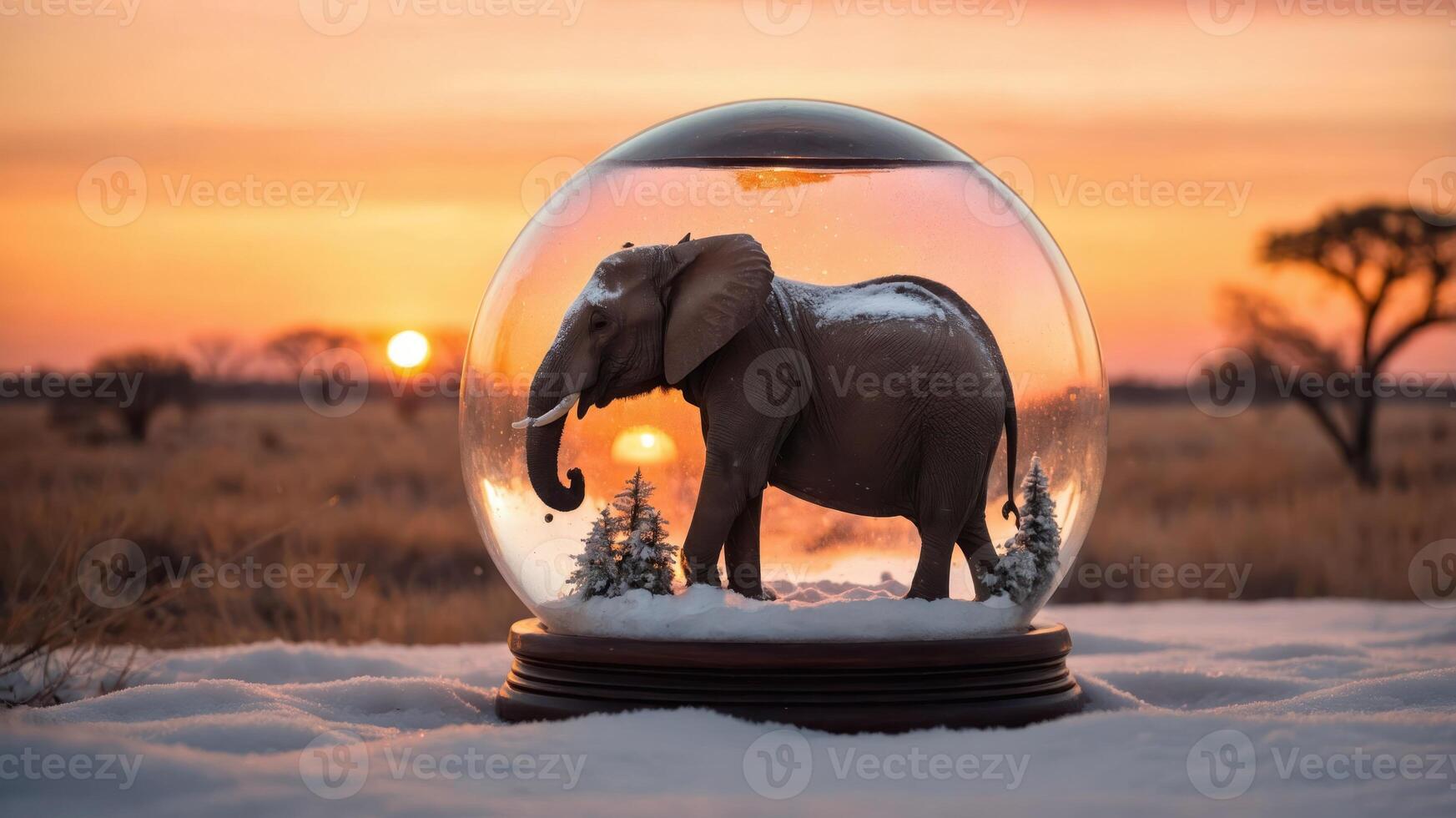 A snow globe featuring an elephant amidst a snowy landscape at sunset. photo