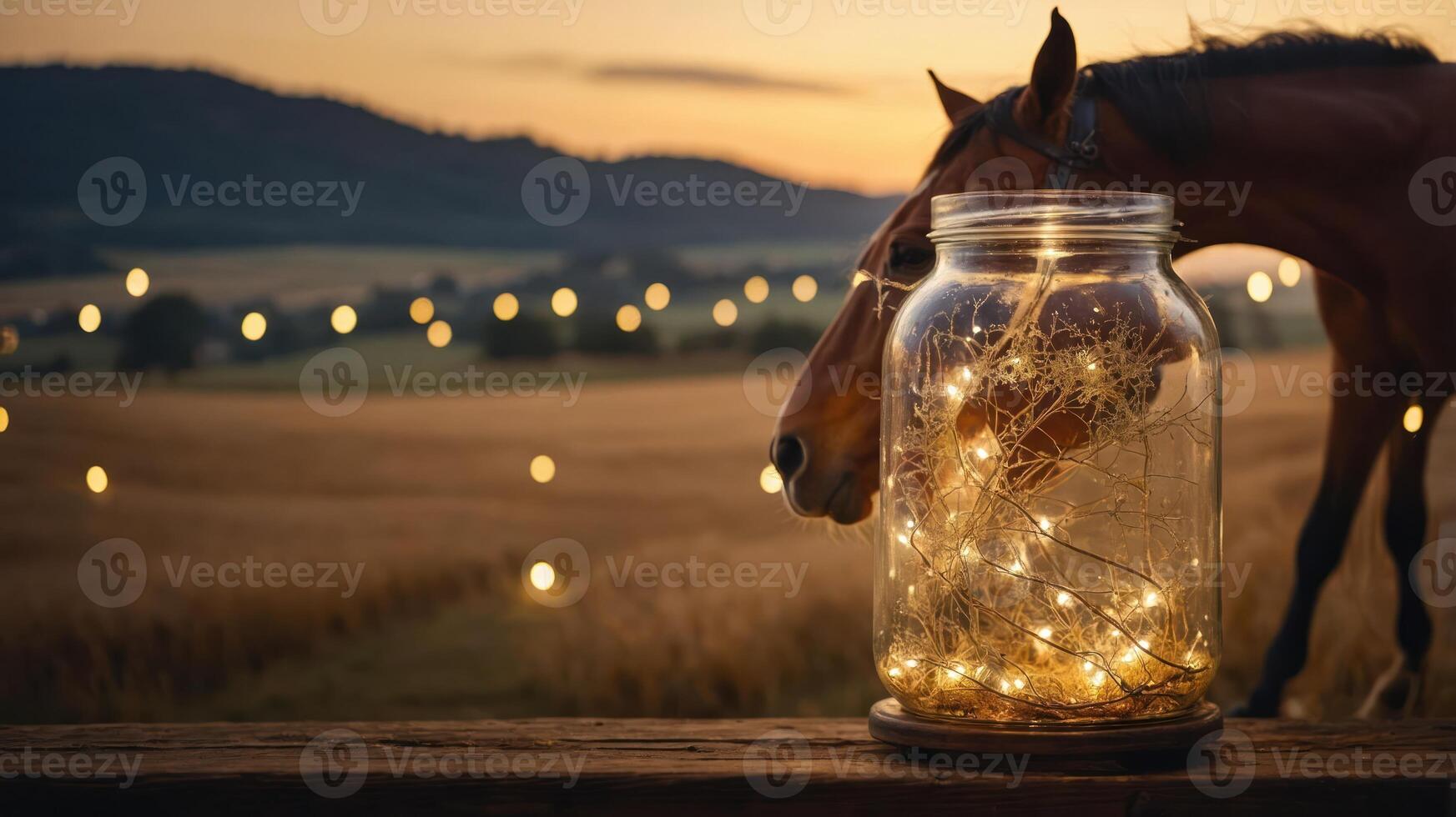 A horse near a jar of glowing lights against a serene landscape at sunset. photo