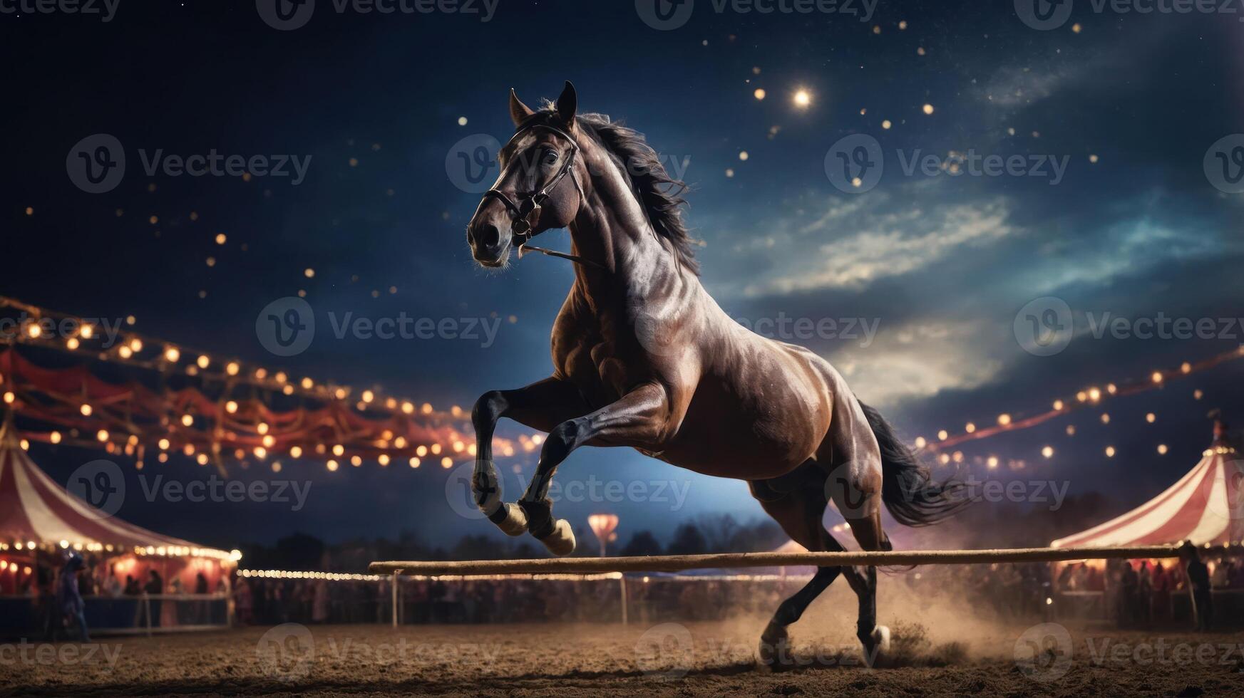 A horse gallops energetically in a lively circus setting under a starry night sky. photo