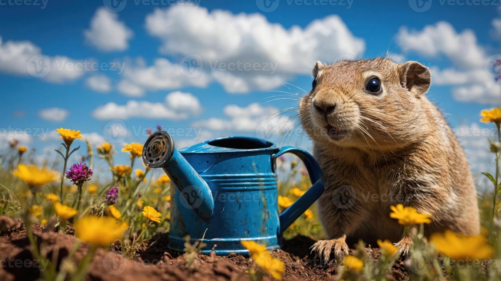 A curious animal next to a blue watering can amidst vibrant flowers under a cloudy sky. photo