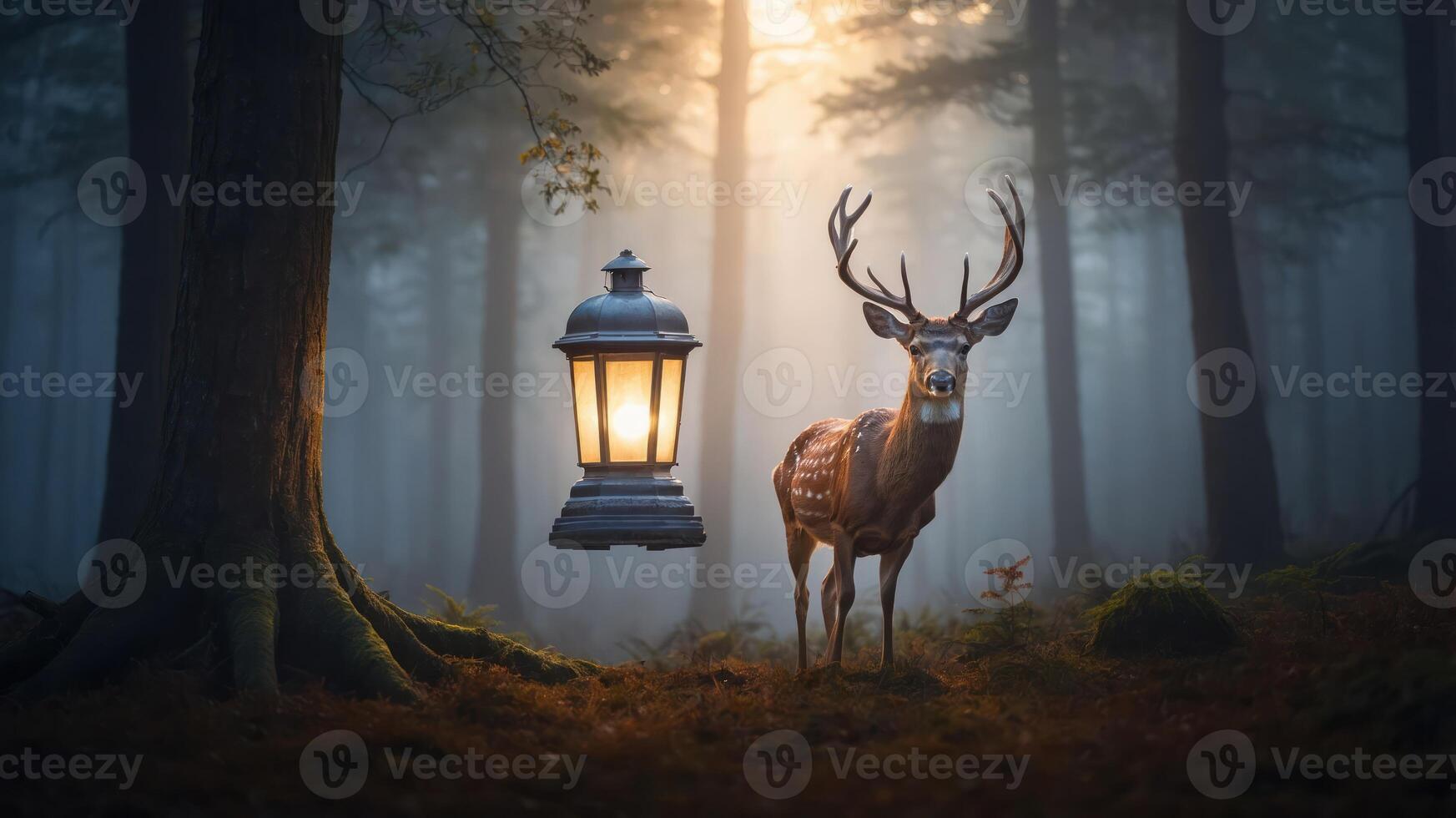 A serene forest scene featuring a deer and a glowing lantern amidst misty trees. photo