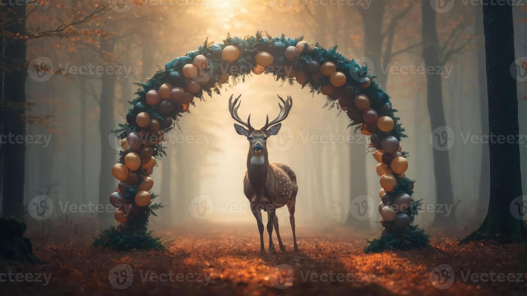 A deer stands beneath a colorful arch in a misty forest, creating a whimsical atmosphere. photo