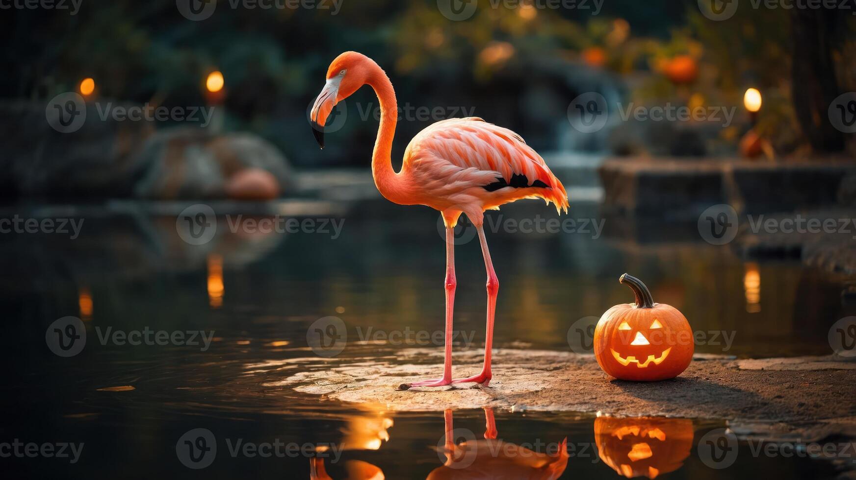 A flamingo stands by a carved pumpkin near a tranquil pond, evoking a festive autumn scene. photo