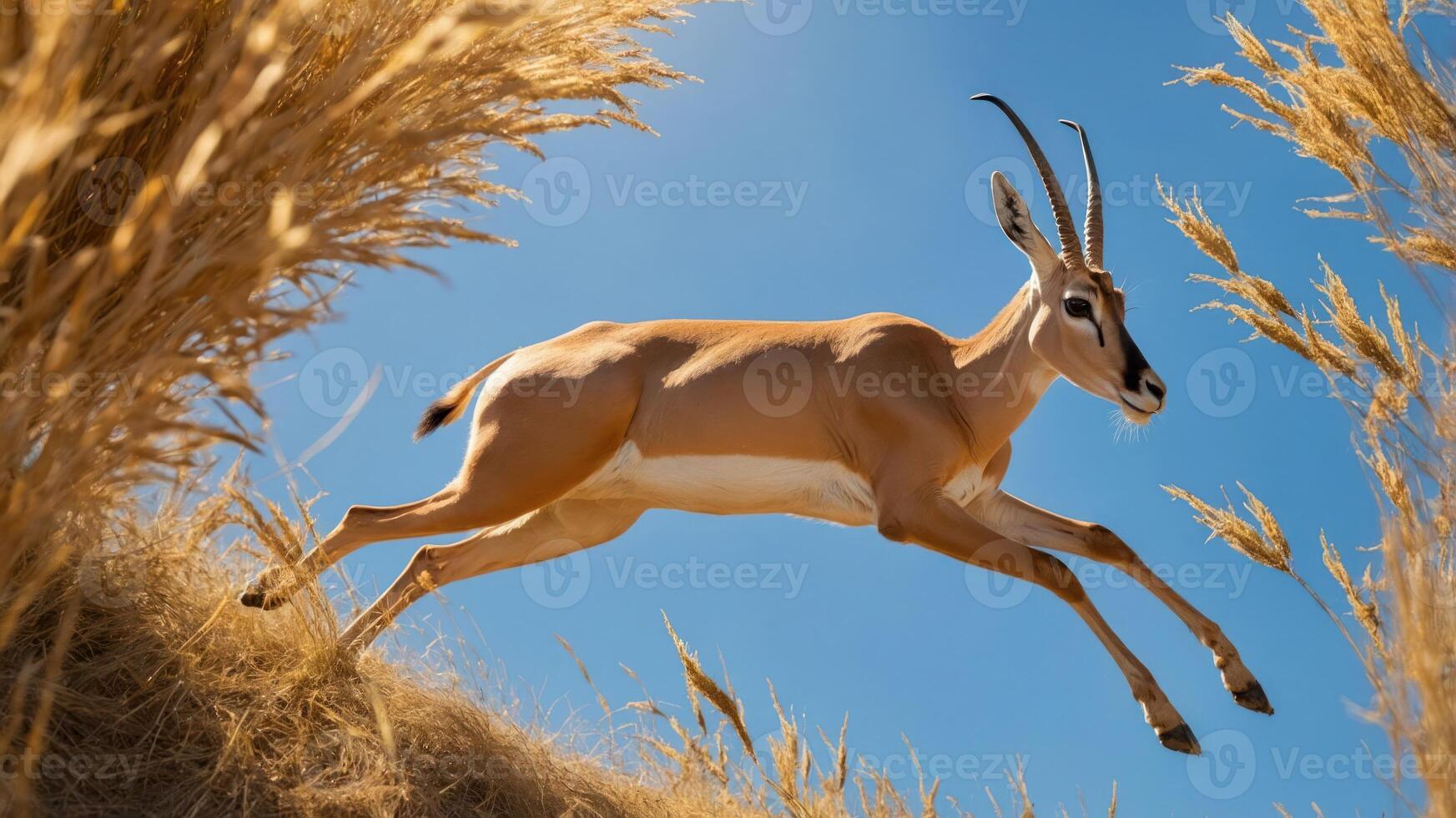 A gazelle leaps gracefully through tall grass under a clear blue sky. photo