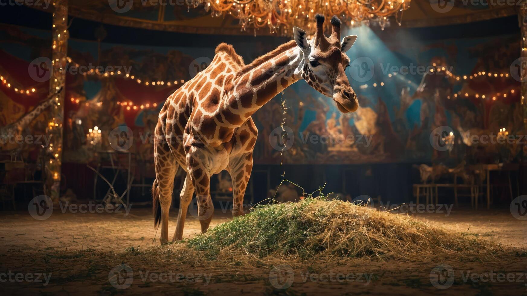 A giraffe stands in a circus-like setting, surrounded by dim lights and a festive atmosphere. photo