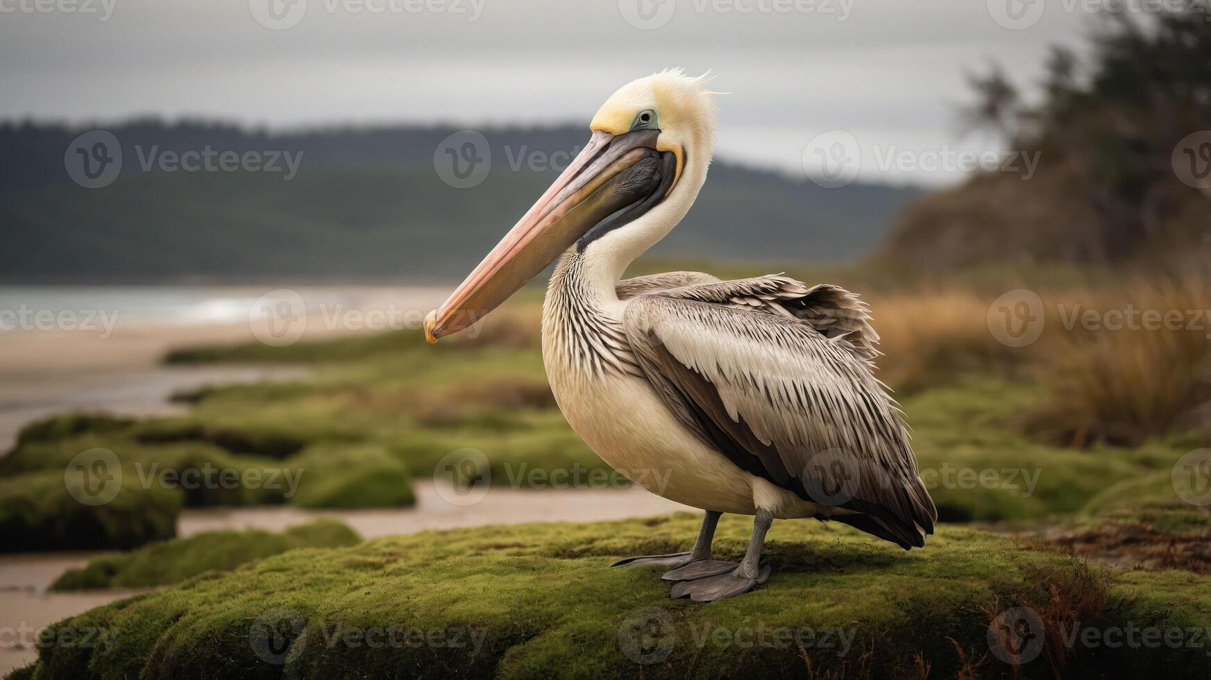 A pelican stands on mossy rocks by the beach, showcasing its distinctive features. photo
