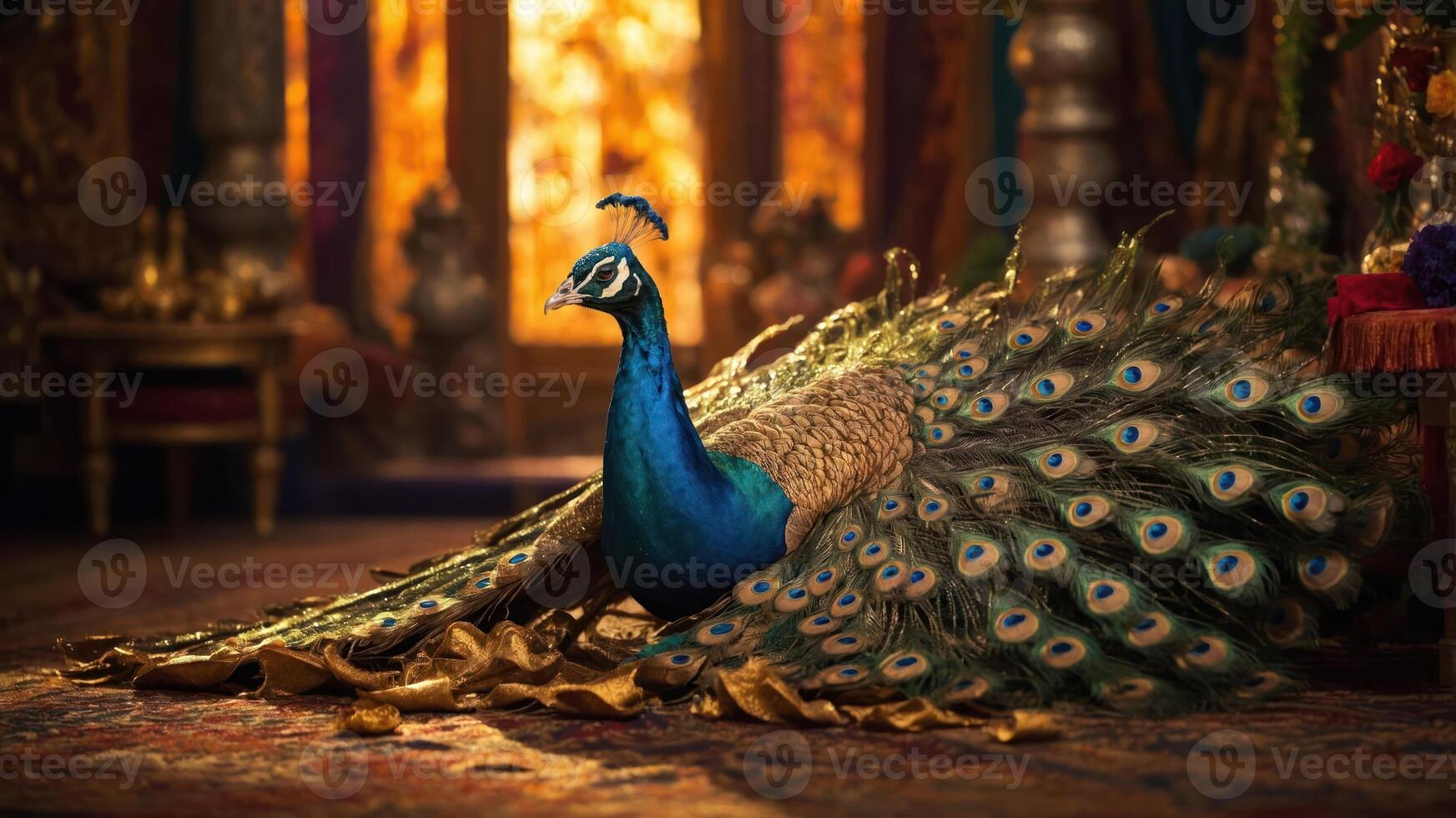 A majestic peacock displaying its vibrant feathers in a richly decorated interior setting. photo